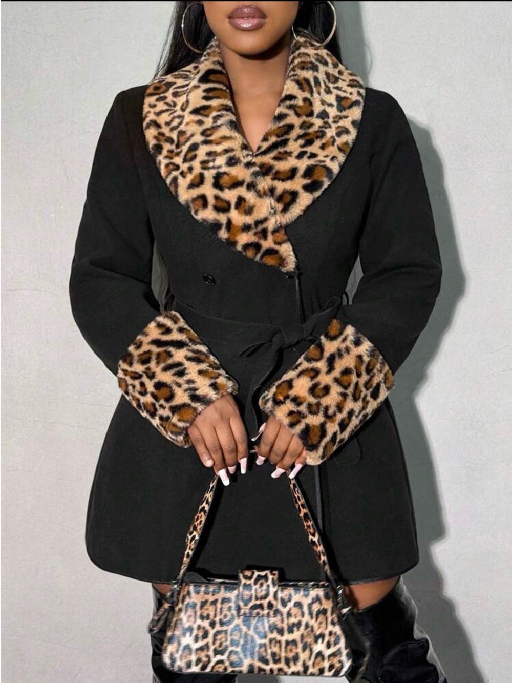 Black Women's Trench Coat with Leopard Faux-Fur Trim - Picture 5 of 6